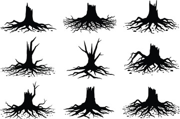 Tree stump silhouette vector set with diverse root structures, jagged tops, abstract decay forms, forest remnants for nature-themed illustrations