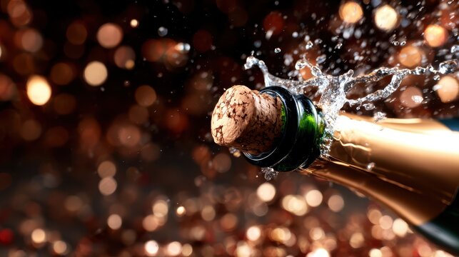 A close-up of a champagne bottle popping its cork, with bubbles and droplets splashing out, capturing the essence of celebration and joy in vibrant, festive colors. - Powered by Adobe