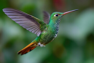 Naklejka premium Close-up photograph of a vibrant hummingbird in mid-flight, showcasing its emerald plumage