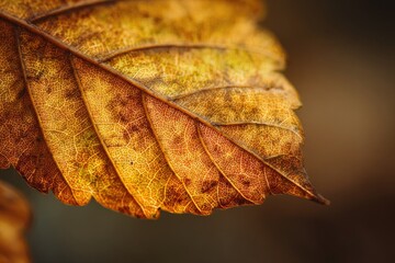 Close-up of an autumn leaf, showcasing its intricate veins and warm color palette