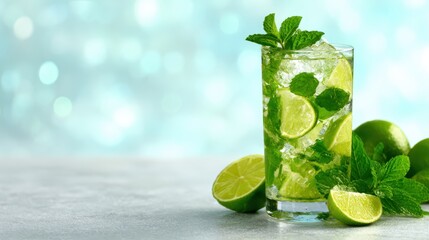 A refreshing mojito cocktail filled with ice, fresh lime slices, and mint leaves sits on a table, perfect for summertime relaxation and enjoyable moments with friends.