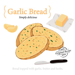 Artistic hand drawn garlic bread with garlic and butter food illustration