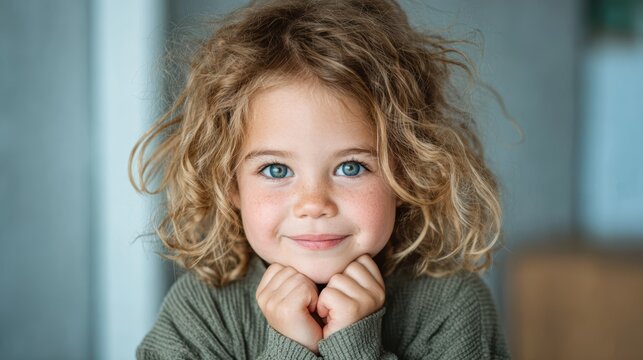 A cheerful little girl with curly hair and sparkling blue eyes smiles widely, embodying innocence and joy in a cozy setting, evoking feelings of happiness and warmth.