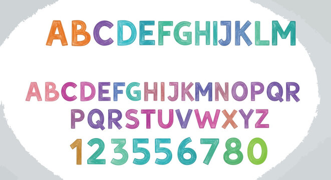 Isolated Colorful Painted Alphabet and Numbers Display on White Background