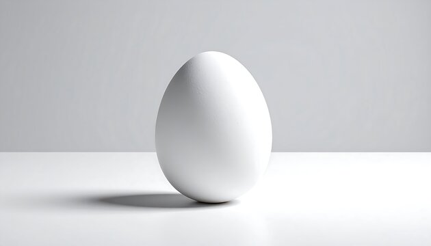 A single, perfectly smooth, white egg stands centered, casting a soft shadow against a white surface and grey backdrop. Minimalist and clean