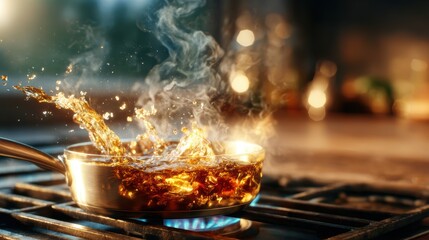 This image captures a pot on a stove with boiling liquid, showcasing dynamic splashes as steam rises, creating an enticing and energetic kitchen scene.