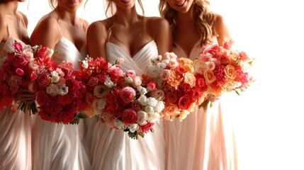 A joyful image of a bridal party with flowing dresses and colorful floral bouquets captures the essence of celebration and love during a wedding event.