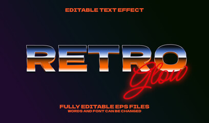 Retro glow text effect with orange chrome gradient and red neon script in 80s style. Editable EPS vector for poster, title, and vintage design.