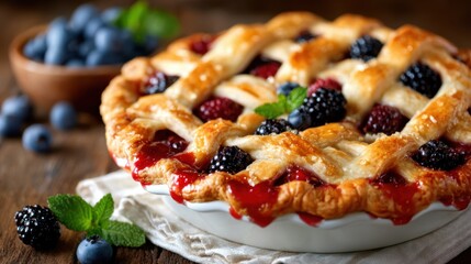 This delicious pie showcases a golden crust filled with ripe blackberries and blueberries, perfect for dessert lovers who appreciate homemade goodness and delightful flavors.