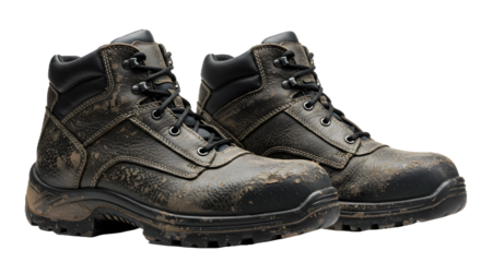 Gray leather work boots display rough texture and dirt. Use this for product photography, boot advertisement, and construction branding.