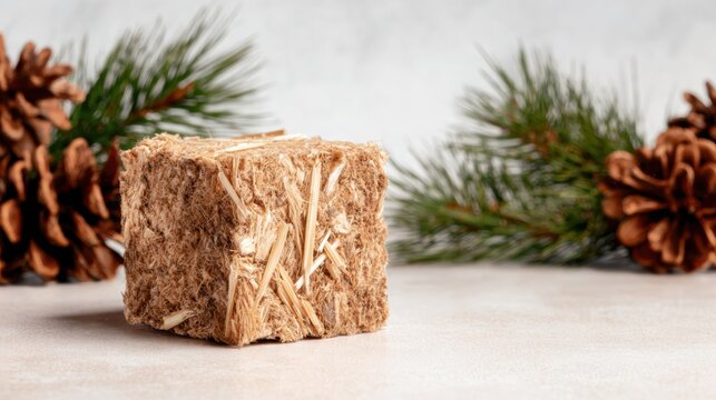 A handcrafted block of natural fiber sits gracefully among pinecones, emphasizing eco-friendliness and a rustic seasonal aesthetic perfect for autumn decorations. - Powered by Adobe