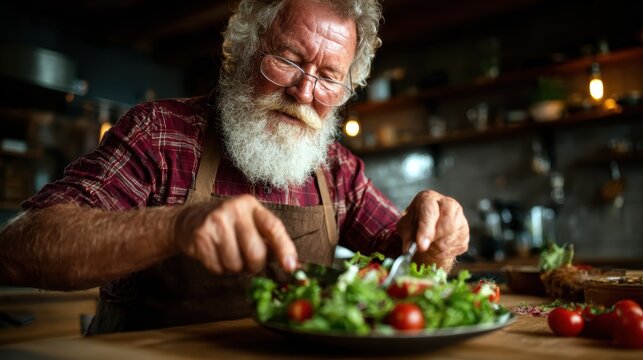 A joyful chef carefully prepares a fresh salad, showcasing colorful ingredients like tomatoes and greens, highlighting the essence of healthy, delicious eating and culinary passion. - Powered by Adobe