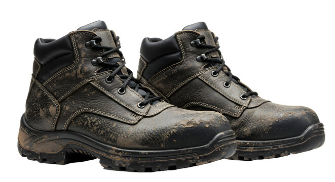 Gray leather work boots display rough texture and dirt. Use this for product photography, boot advertisement, and construction branding.