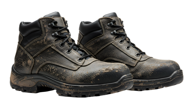 Gray leather work boots display rough texture and dirt. Use this for product photography, boot advertisement, and construction branding.