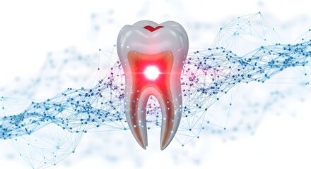 Scientific 3D render of a human tooth showing a glowing red core, representing acute dental pain, inflammation, or a cavity, in a modern oral healthcare concept