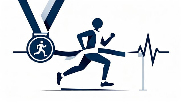 Runner crossing finish line with medal