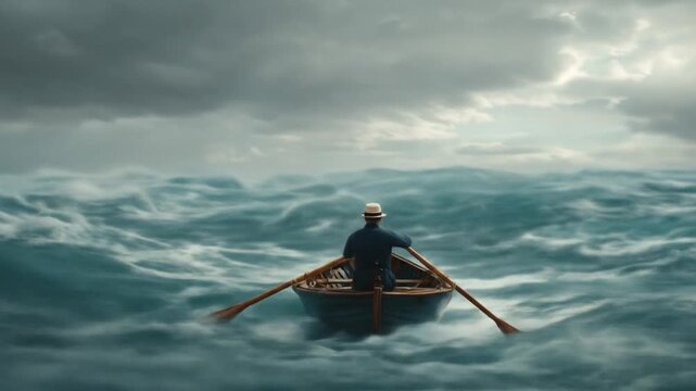 Person rowing a boat on rough seas under a stormy sky