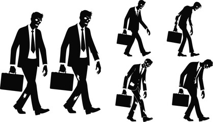 Zombie Businessman Silhouettes with Briefcases and Slouched Posture – Vector Set Depicting Corporate Exhaustion, Routine, and Workplace Metaphor