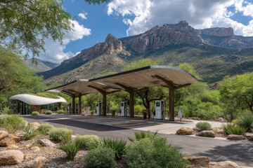 Fototapeta premium Electric vehicle charging station with canopy and dual-port chargers at mountain mall parking lot