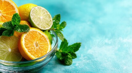 A colorful assortment of fresh citrus fruits including oranges, lemons, and limes arranged neatly in a glass bowl, showcasing their juicy appeal and vibrant colors against a turquoise backdrop.