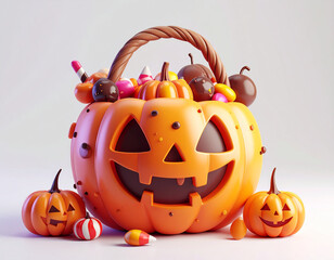 Halloween Pumpkin 3d Rendering with Snacks on White Background