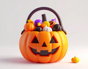 Halloween Pumpkin 3d Rendering with Snacks on White Background