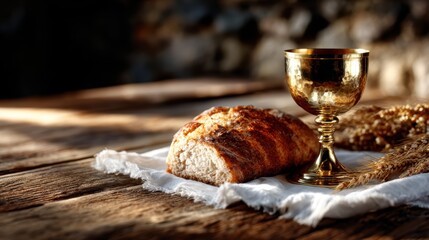 An inviting scene featuring freshly baked rustic bread accompanied by a golden goblet, symbolizing warmth, tradition, and the simple pleasures of life shared within a cozy atmosphere.