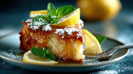 A beautifully plated slice of lemon cake topped with mint and lemon slices, embodying the joy of culinary creations and fresh flavors that delight the senses.