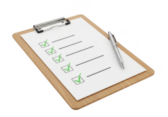 Checklist on clipboard isolated on transparent background, symbolizing task management, organization, and successful completion of items