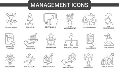 Project management Line art icons set, such as collaboration, workflow, milestones, deadlines and more. Vector illustration. Easily changes to any color.