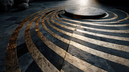 3D infographic with semicircle radial progress arc and brass tick marks on stone disc