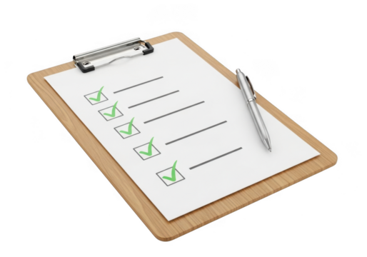 Checklist on clipboard isolated on transparent background, symbolizing task management, organization, and successful completion of items