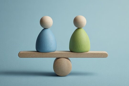 Two wooden figurines balanced on a wooden seesaw, representing equilibrium on a pale blue backdrop