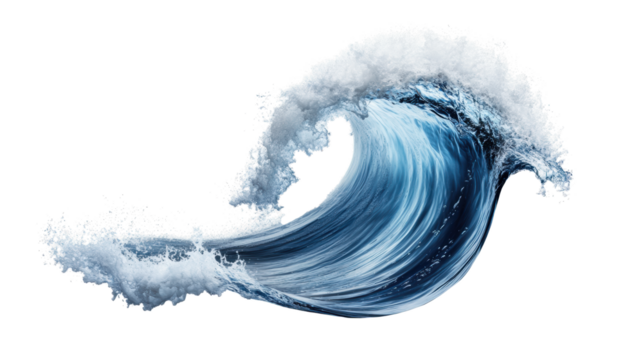 Blue Ocean Wave with Splash on Transparent Background