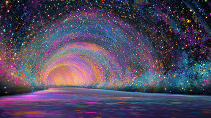 無数の光が輝く、冬のイルミネーションのトンネルのイラスト