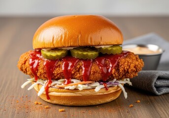 Crispy Spicy Fried Chicken Sandwich with Pickles & Coleslaw on Brioche Bun — Close-Up
