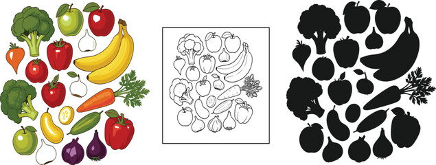 Fruits and Vegetables Composition Vector Set - Color, Outline, and Silhouette Styles.