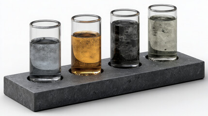 Three nested glass cylinders partially filled on matte slate plinth with warm and cool light