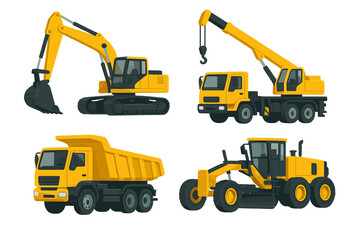 Fototapeta premium Heavy construction vehicles set: excavator, dump truck, mobile crane, and road grader