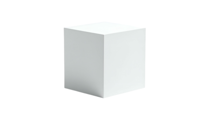 A three-dimensional, white cube isolated against a black background, with subtle shading