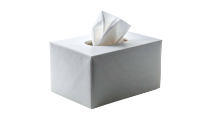 A rectangular white box of facial tissues with several folded tissues pulled upward