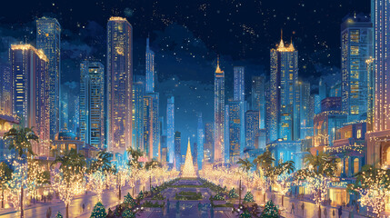 都会の夜景、クリスマスイルミネーションの風景