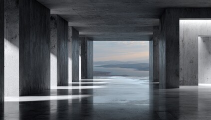 Fototapeta premium Interior architectural shot of a concrete hallway opening to a scenic body of water and landscape