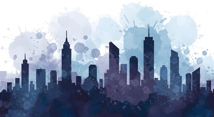 Silhouette of a city skyline with tall buildings, rendered in a watercolor style with splatters and shades of blue and purple.