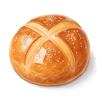 Watercolor illustration of a delicious kaiser roll topped with sesame seeds