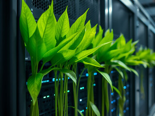 Modern Green Data Center with Plants Growing on Servers Showing Sustainability and Innovation