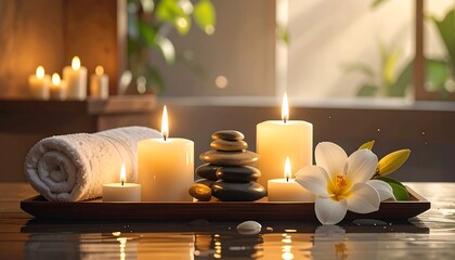 A spa-like scene featuring candles, stones, a towel, and a lily on a wooden tray with windowed background and soft lighting
