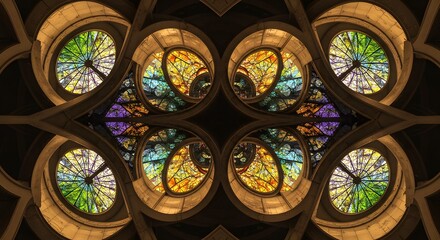 Symmetrical kaleidoscopic image of stained glass windows featuring colorful geometric patterns and ornate architectural details.