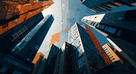 A worm's eye view of tall skyscrapers reaching towards a partly cloudy sky, showcasing modern architecture and urban landscape.