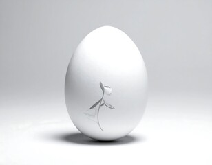 A single, pristine white egg is centered on a clean, gradient background. A delicate, stylized floral etching adorns the egg's surface